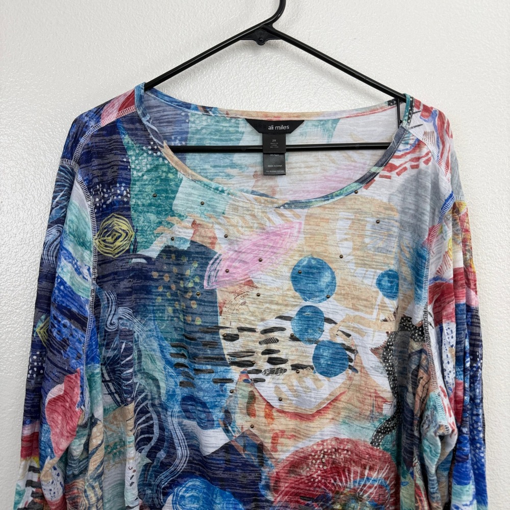 Ali Miles Top Womens 2X Blue Abstract Print Studded Burnout Long Sleeve Tunic - Picture 2 of 8